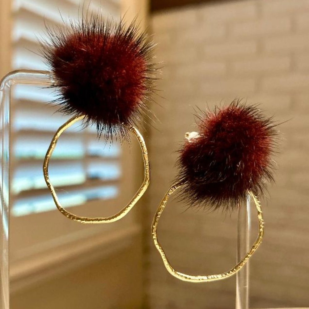 Burgundy Pom Gold Hoop Earrings